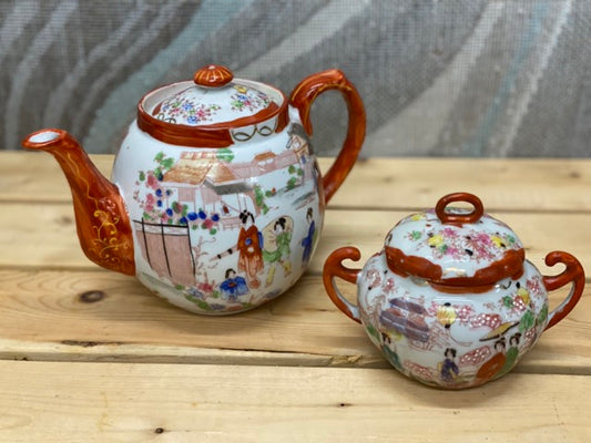Geisha Garden – Antique Japanese Hand-Painted Teapot & Sugar Bowl
