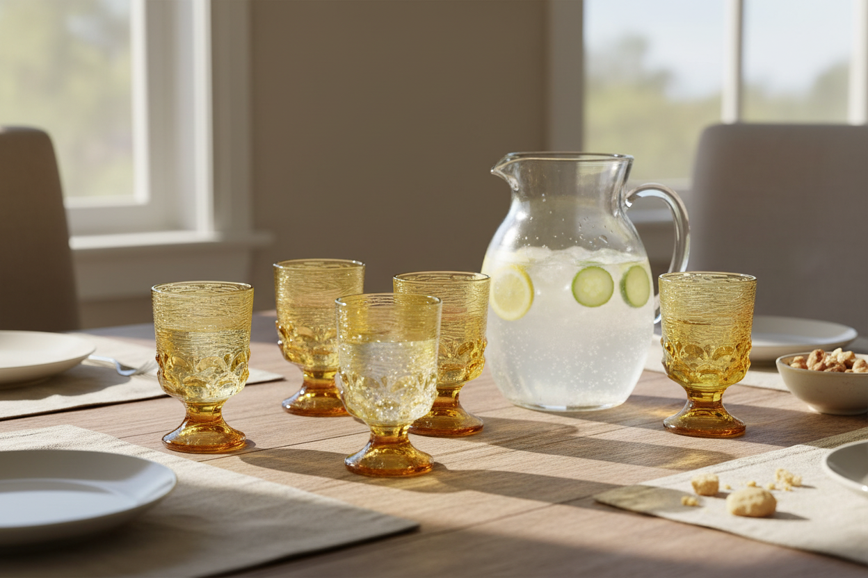 Honeyed Dusk – Set of 4 Amber Textured Footed Goblets