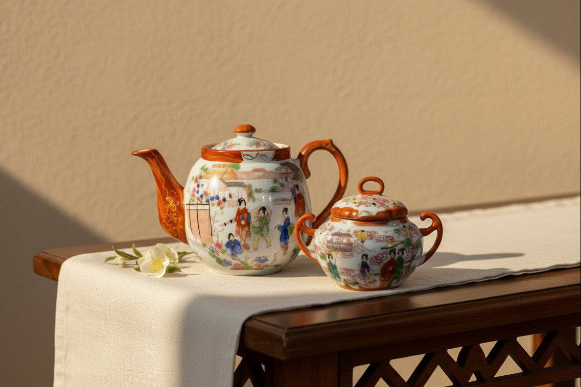 Geisha Garden – Antique Japanese Hand-Painted Teapot & Sugar Bowl