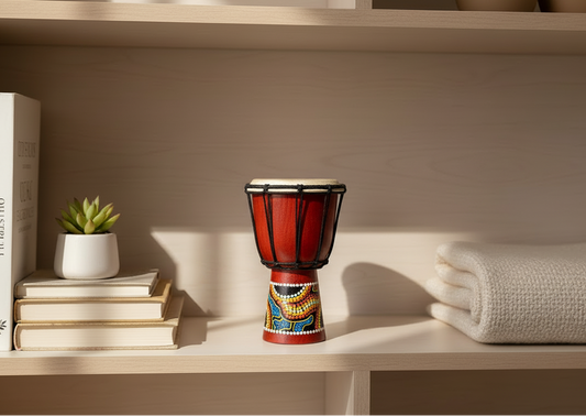 Small red drum with colorful patterns on a wooden shelf with books and a plant.