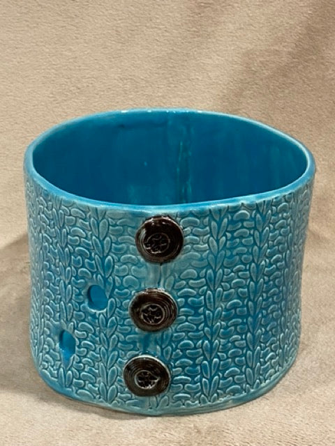 Clay & Thread – Textured Woven Ceramic Vase with Button Detail