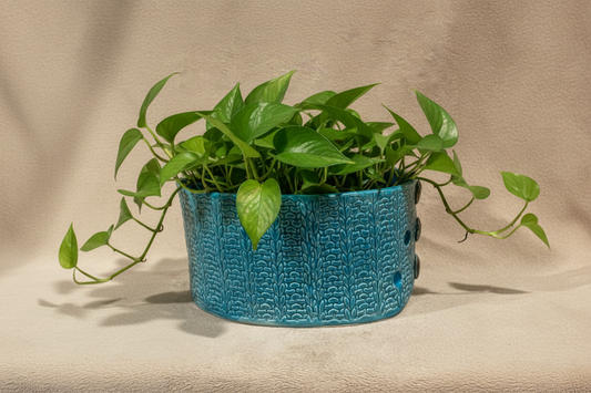 Clay & Thread – Textured Woven Ceramic Vase with Button Detail